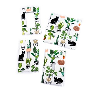 Black Cats and Plants Fabric Light Switch Plate Cover - All Styles - Double, Triple, GFCI, Outlet, Slider, Rocker, Toggle, Kitty, Plant