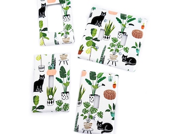 Black Cats and Plants Fabric Light Switch Plate Cover - All Styles - Double, Triple, GFCI, Outlet, Slider, Rocker, Toggle, Kitty, Plant