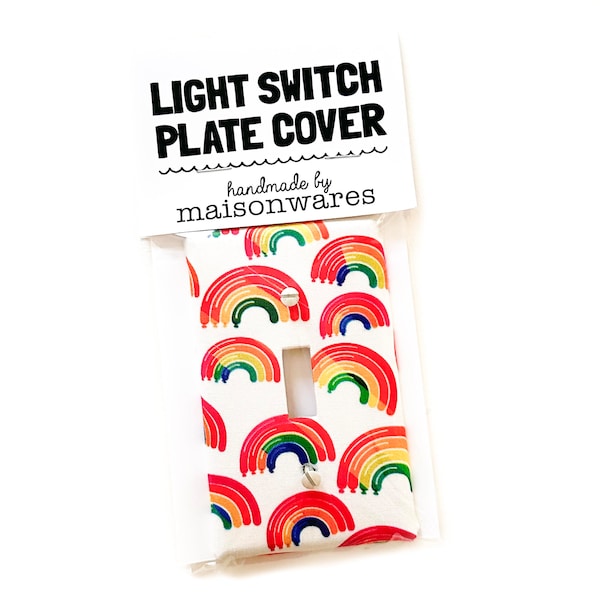 Off White with Rainbows Fabric Light Switch Plate Cover - All Styles - Double, Triple, GFCI, Outlet, Slider, Rocker, Toggle