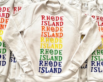 Rainbow Rhode Island w/ Anchor Cozy Crewneck Pullover Sweatshirt - Gift for Them, Smallest State, Colorful, LGBTQIA, Pride