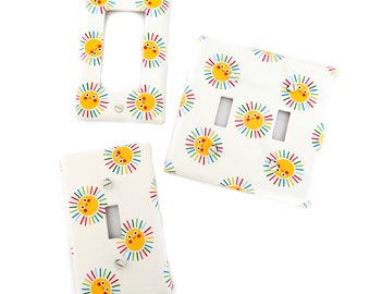 Smiley Smile Suns Sunshine - Fabric Covered Light Switch Plate Cover - All Styles - Double, Triple, GFCI, Outlet, Slider, Rocker, Toggle