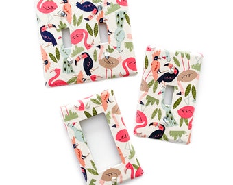 Fabric Covered Light Switch Plate Cover - Tropical Birds on Off White, Beach, Summer - All Style - Single, Double, Triple