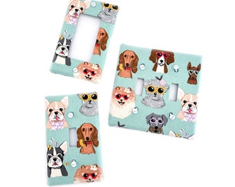 Blue with Dog Faces Fabric Light Switch Plate Cover - All Styles - Double, Triple, GFCI, Outlet, Slider, Rocker, Toggle