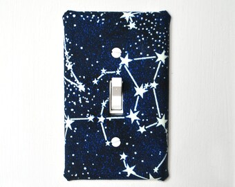 Fabric Covered Light Switch Plate Cover - All Styles - Double, Triple, GFCI, Outlet, Slider -  stars / constellations - Glow in the Dark