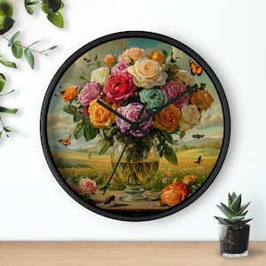 Reloj de pared con jarrón de rosas, decoración floral para el hogar, reloj de estilo vintage, regalo para jardinero, arte de pared de granja, reloj para amantes de las flores