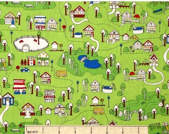 City Town Neighborhood House Pool Bus 7938 Timeless Treasures Cotton Fabric By the 1/2 yard