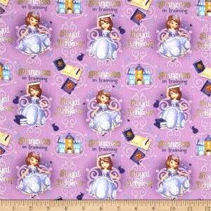 Puede incluir: Tela morada con un patrón repetido de una princesa de dibujos animados con un vestido azul sosteniendo un libro. El texto "Princess in training" y "Royal Achiever" se repite en toda la tela.