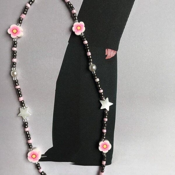 Pink Floral & Pearl Black Beaded Necklace - Delicate Everyday Gifts