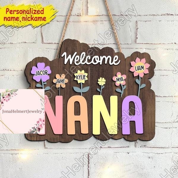Welcome To Nana Mom's Garden Little Flower Custom Wood Sign 2 Layered, Personalized Mom Wooden Sign, Grandma Wood Plaque Sign