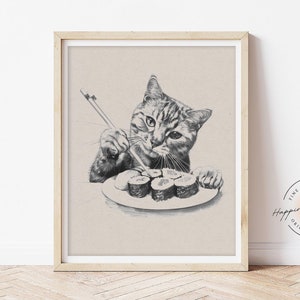 Katze Essen Sushi Skizze Druck, Lustige Katze Zeichnung Wandkunst, Sushi-Liebhaber Geschenk Kunstwerk Poster Dekor