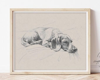 Art mural croquis teckel, impression chien endormi, cadeaux pour chien viennois, enseigne de décoration minimaliste pour chambre d'enfant
