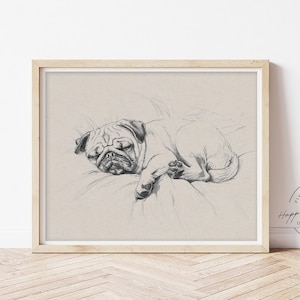 Schlafender Mops Skizze Print: Minimalistische Hunde Kunst, Elegantes Home Dekor