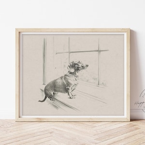 Dackel Skizze, Dackel Hund schaut aus dem Fenster Druck, Hunde Wandkunst
