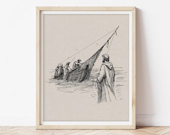 Fishers of Men Printable, Jesus Art Print Digital Download, Bible Story Sketch, Christian Artwork