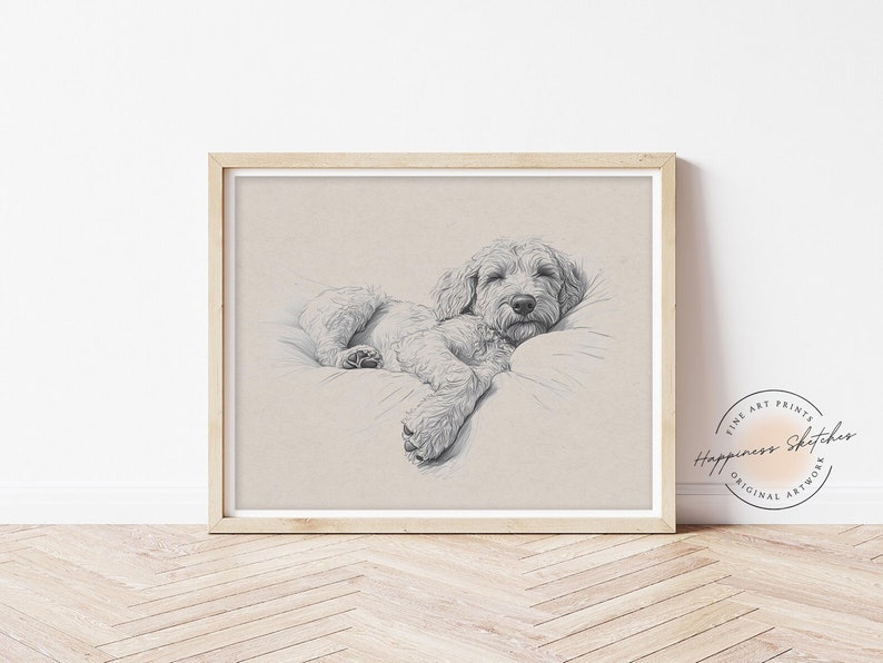 Sleeping Goldendoodle Sketch, Minimalist Dog Wall Art Print, Horizontal ...