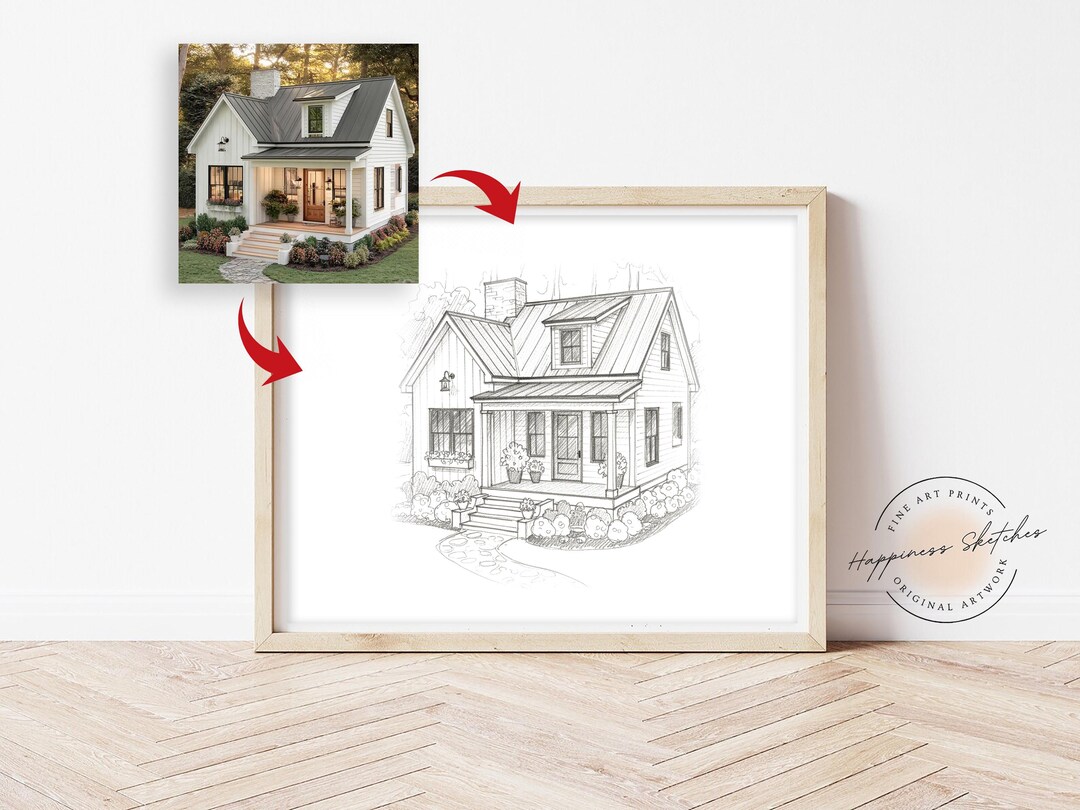 Hand Drawn Home Sketch - Custom House Portrait From Photo, Minimalist ...