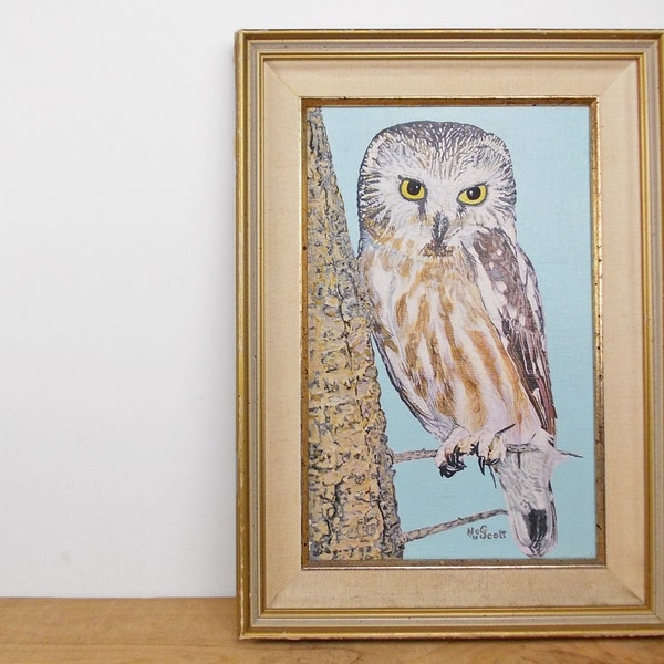 RESERVED - Vintage Owl Painting, Woodland Nature Art, Owl Decor, Amateur Art in Gilt Wood Frame. Screetch Owl, Snowy Owl