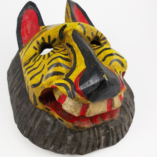 Hand Carved Wood Mask, Guatemalan Painted Wood Tiger Mask, Vintage Wall Mask, Yellow and Black Animal Mask, Grinning Cat.