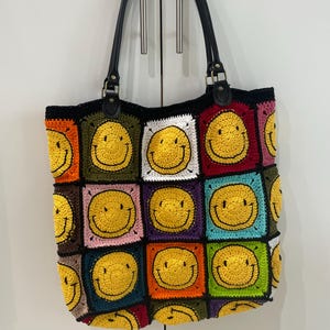 Smiley Face Crochet Tote Bag with Leather Handles