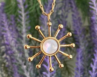 Gold Starburst Halskette: Edelstein Sonne Anhänger, 18k vergoldet