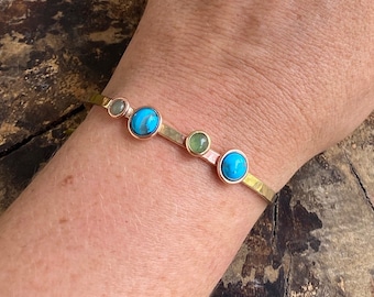 Handmade Turquoise Gemstone Cuff Bracelet: Hammered Brass