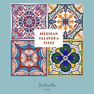 May include: Four colourful Mexican Talavera tile designs. Each tile features intricate patterns in red, blue, purple, orange, and green. The text "Mexican Talavera Tiles" is displayed on a white rectangle.
