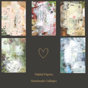 Könnte beinhalten: Sechs digitale Papiercollagen mit abstrakten Designs. Die Collagen zeigen eine Mischung aus Farben, darunter Rosa, Weiß, Grün und Blau, mit handgeschriebenen Wörtern und dekorativen Elementen. Der Text "Digital Papers Handmade Collages" ist ebenfalls vorhanden.