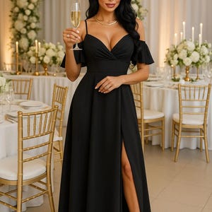 Black Silk Maxi Dress With Spaghetti Straps And Side Slit, Formal Evening Dress For Women