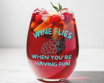 Stemless Wine Glass, "Wine Flies" Graphic, Housewarming Gift