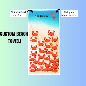 Personalized Crabs Beach Towel, best beach towel, vacation gift, customized towel, kids beach towels, beach favors, custom towel, pool towel