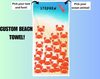 Personalized Crabs Beach Towel, best beach towel, vacation gift, customized towel, kids beach towels, beach favors, custom towel, pool towel