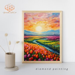 Tulpen bei Sonnenuntergang Diamant Malerei Kit 40x50cm, Gem Art Kits Für Erwachsene und Kinder, Strass Bilder Malen Nach Zahlen Kit, Home Wanddekor