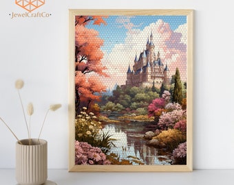 May include: Diamond painting kit featuring a fairytale castle surrounded by lush greenery and a river. The castle has a pointed roof and towers, and the surrounding landscape is filled with trees and flowers in shades of pink, purple, and green. The sky is a soft blue with fluffy white clouds.