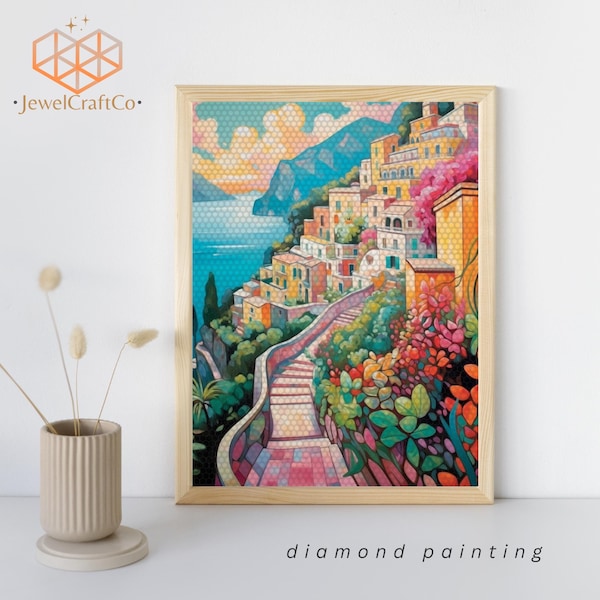 Kit de pintura de diamante com vista para a Costa Amalfitana 40x50cm, pintura de paisagem 3D, kits de arte com pedras preciosas para adultos e crianças, kit de pintura por número de strass faça você mesmo