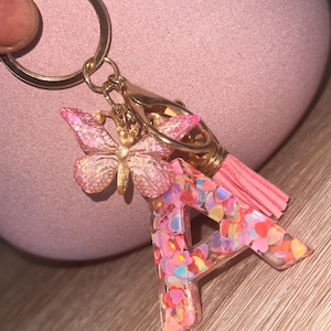 Chaveiro personalizado com letra “A” Azul Dourado Confete Pom Pom fofo chaveiro “A”, Presente personalizado, Chaveiro com letra “A” flor, Presente