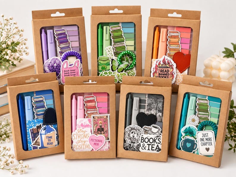 Peut inclure: Huit bo&icirc;tes rectangulaires en papier kraft avec des fen&ecirc;tres transparentes, contenant chacune un ensemble de papeterie assorti. Les kits incluent des stylos, des surligneurs, des notes adh&eacute;sives et divers autocollants sur le th&egrave;me des livres en violet, vert, orange, bleu, rose et sarcelle.