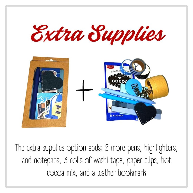 Peut inclure: Un ensemble de papeterie intitul&eacute; Extra Supplies comprenant une bo&icirc;te en carton brun avec un stylo, un marque-page en forme de c&oelig;ur et des autocollants, ainsi que des articles suppl&eacute;mentaires dont deux stylos, des surligneurs, des blocs-notes, trois rouleaux de ruban washi, des trombones, du chocolat chaud et un marque-page en cuir.