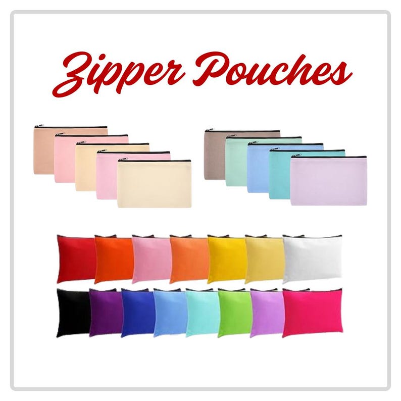 Peut inclure: Une collection de pochettes zipp&eacute;es rectangulaires dans une grande vari&eacute;t&eacute; de couleurs unies, notamment rouge, orange, rose, jaune, blanc, noir, violet, bleu, turquoise et vert, dispos&eacute;es en rang&eacute;es avec le texte Zipper Pouches en haut.