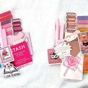 Peut inclure: Deux ensembles d'articles de papeterie comprenant des stylos roses, des blocs de notes adh&eacute;sives et divers autocollants. Le groupe de gauche contient un sachet de th&eacute; Wild Raspberry Hibiscus et des autocollants avec le texte Slow Burn et I Love Reading. Le groupe de droite inclut un autocollant de carte de tarot The Reader, un autocollant de sucette Fictional Men et un sachet de th&eacute; Mango Passionfruit.