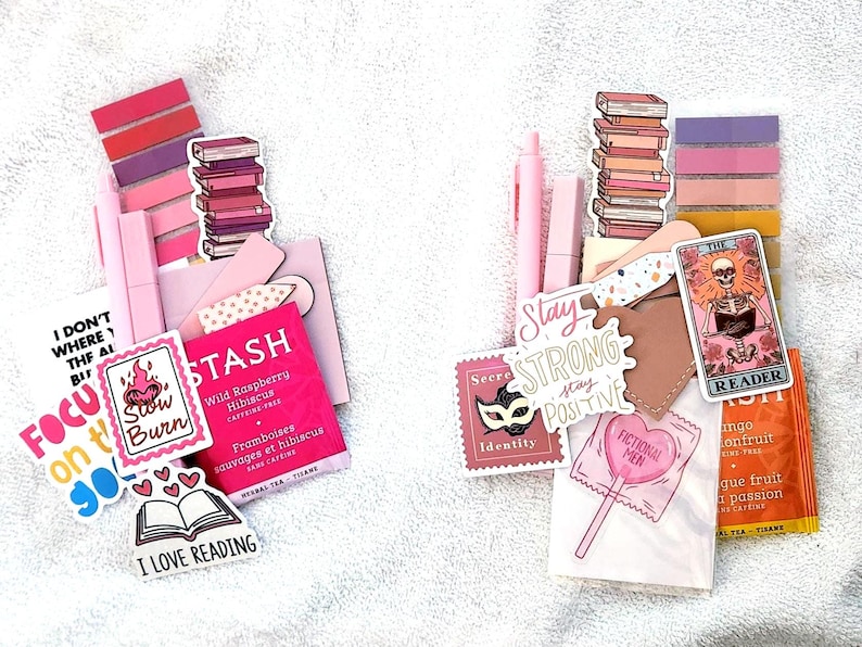 Peut inclure: Deux ensembles d'articles de papeterie comprenant des stylos roses, des blocs de notes adh&eacute;sives et divers autocollants. Le groupe de gauche contient un sachet de th&eacute; Wild Raspberry Hibiscus et des autocollants avec le texte Slow Burn et I Love Reading. Le groupe de droite inclut un autocollant de carte de tarot The Reader, un autocollant de sucette Fictional Men et un sachet de th&eacute; Mango Passionfruit.