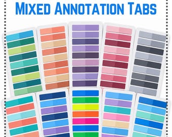 May include: Ten rectangular sheets of adhesive annotation tabs arranged in two rows. Each sheet contains multiple small, colored, semi-transparent strips. The text "MIXED ANNOTATION TABS" is printed in blue at the top center of the image.