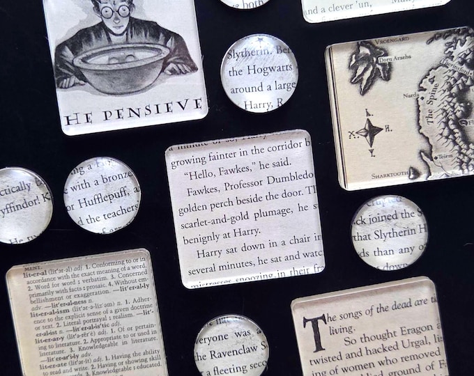 Featured listing image: Upcycled Bookish Refrigerator Magnets -- Recycled Pages from Damaged Books and Other Paper Works