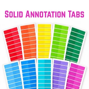 Peut inclure: Dix bandes verticales d'onglets d'annotation adhésifs dans une palette de couleurs arc-en-ciel, incluant rouge, orange, jaune, vert clair, vert foncé, bleu clair, bleu moyen, cyan, violet et rose. Le texte SOLID ANNOTATION TABS est au-dessus.