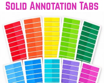 May include: Ten vertical strips of adhesive annotation tabs in a rainbow color palette, including red, orange, yellow, lime green, dark green, light blue, medium blue, cyan, purple, and pink. The text SOLID ANNOTATION TABS appears above.