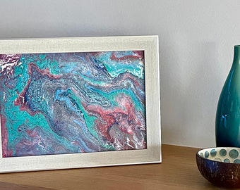 Acrylic fluid art, abstract art, framed acrylic pouring art picture - Silver lava