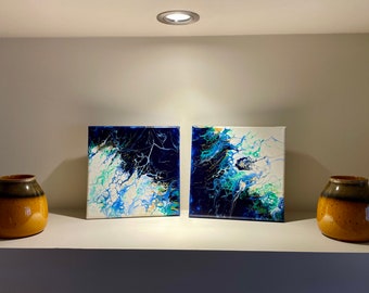 Acrylic fluid art, abstract art, acrylic pouring art on a Pair of small canvases. Ocean Bubbles.