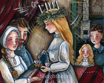 8x10 PRINT St Lucias Light swedish christmas folk art