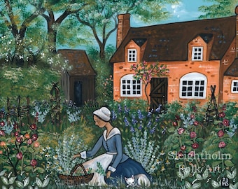 PRINT Froniga's Garden 8x10" English cottage garden folk art