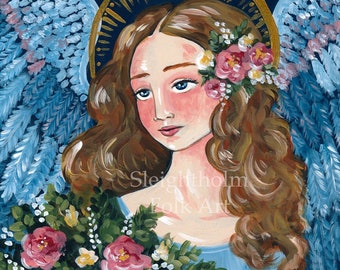 Angel in Blue 8x10 Print religious folk art roses