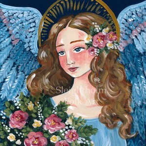 Angel in Blue 8x10 Print religious folk art roses